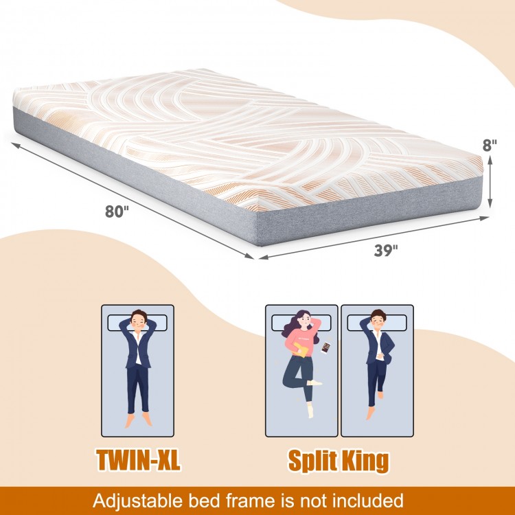 Twin size memory foam mattress with jacquard cover, 8 inches thick, designed for adjustable bed bases and enhanced.