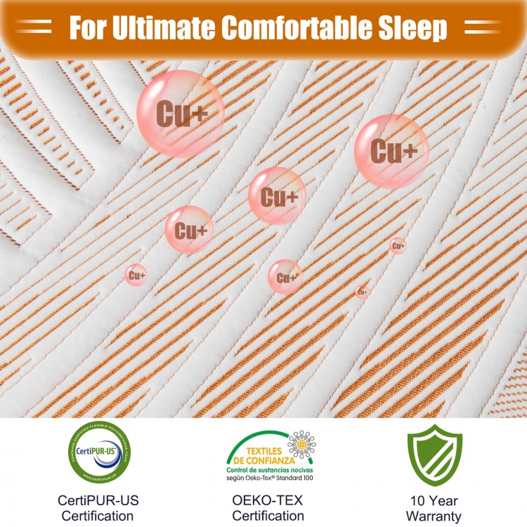 Twin size memory foam mattress with jacquard cover, infused with copper ions for antibacterial protection and.
