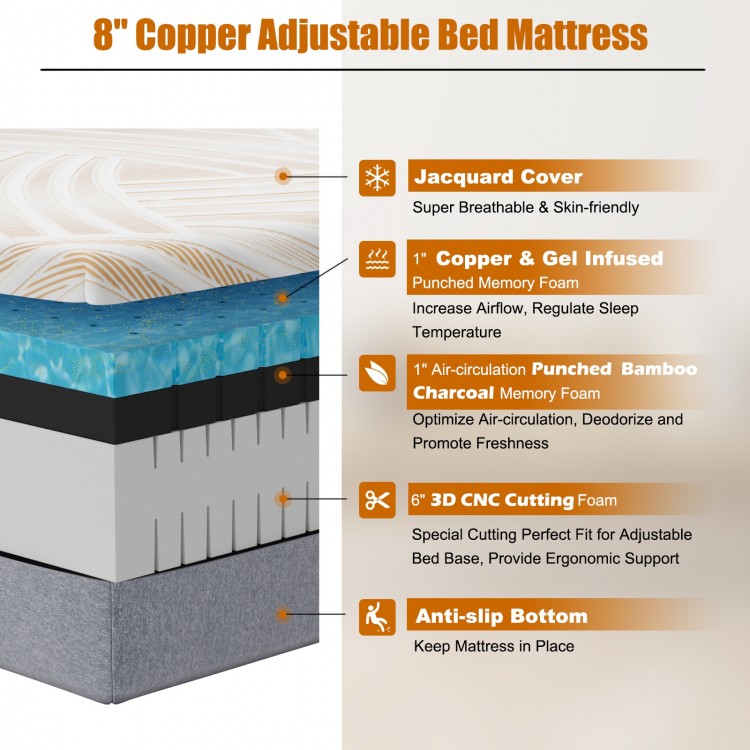 8-inch twin size memory foam mattress with jacquard cover, copper-infused for breathability and antibacterial.