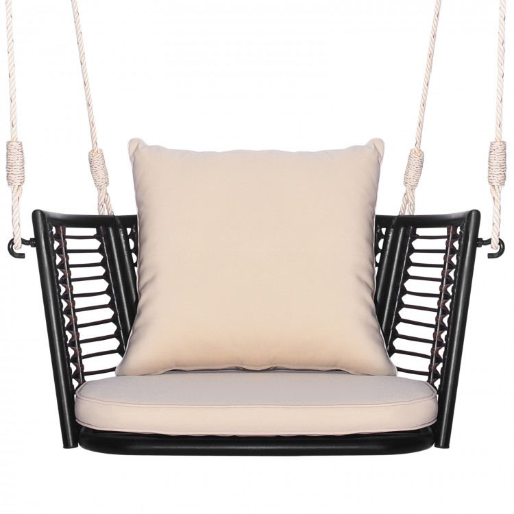 Single person hanging seat showcasing a soft beige cushion and sturdy metal frame, perfect for porch swinging.