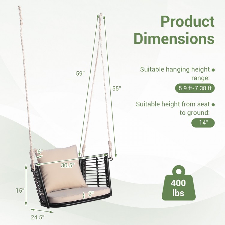 Single person hanging seat with woven rattan backrest, dimensions 59" height, 24.5" width, ideal for backyard.