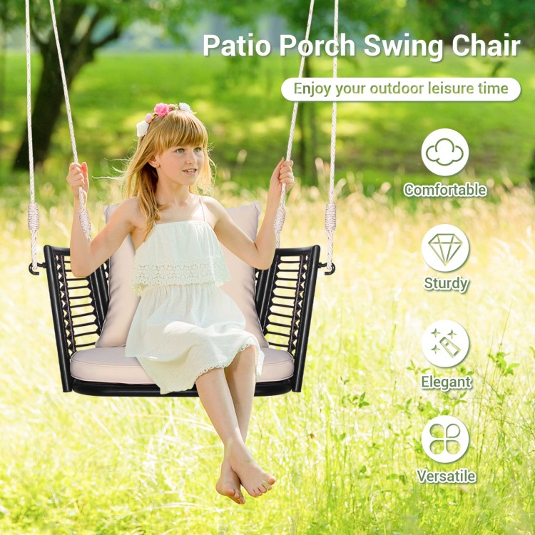 Single person hanging seat with woven rattan backrest, beige cushions, perfect for backyard relaxation.