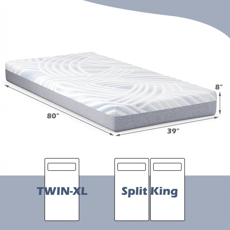 Twin XL cooling memory foam mattress with ice silk cover, 8 inches thick, designed for adjustable beds and pressure.