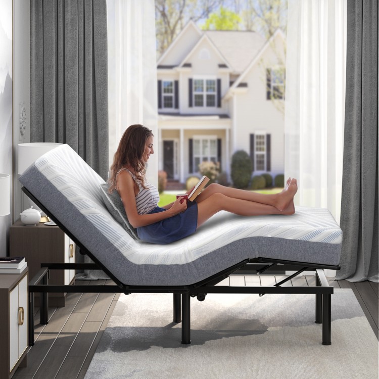 Adjustable Twin XL cooling memory foam mattress with ice silk cover, shown in a cozy reading position for comfort.
