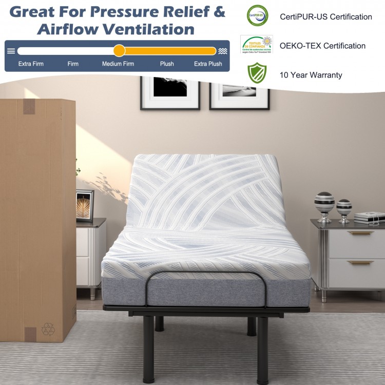Twin XL cooling adjustable bed memory foam mattress with breathable ice silk cover and gel-infused foam for pressure.