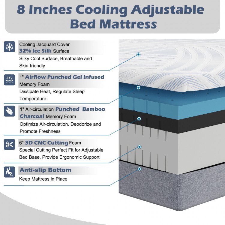 8-inch Twin XL cooling adjustable bed mattress with gel-infused memory foam and breathable ice silk cover for comfort.