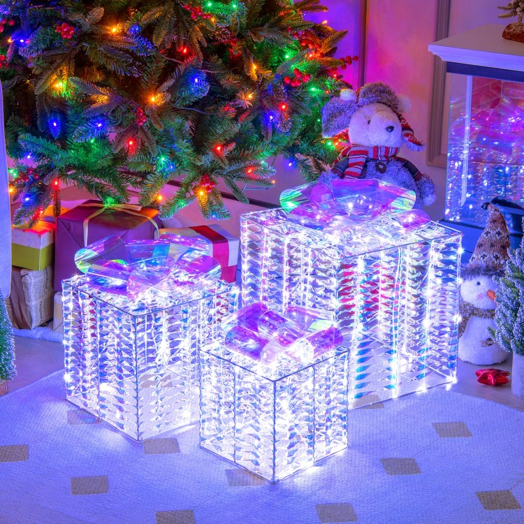 Set of 3 iridescent Christmas gift boxes with bows, illuminated by 156 cold white lights, perfect for festive decor.