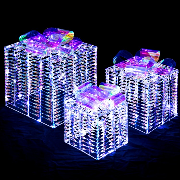 Set of 3 iridescent Christmas gift boxes with bows, featuring 156 cold white lights for festive outdoor decoration.