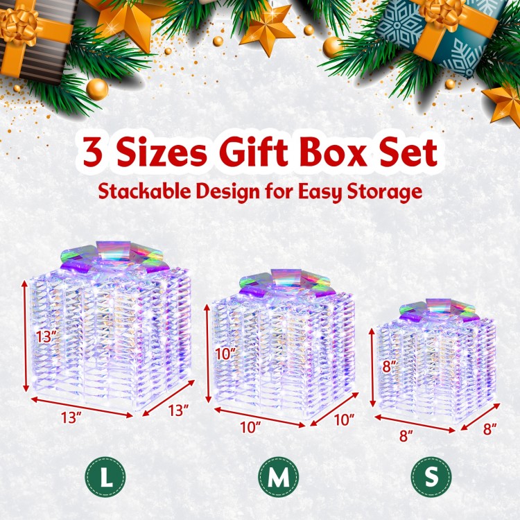 Set of 3 iridescent Christmas gift boxes with bows, featuring 156 lights and waterproof design for outdoor use.