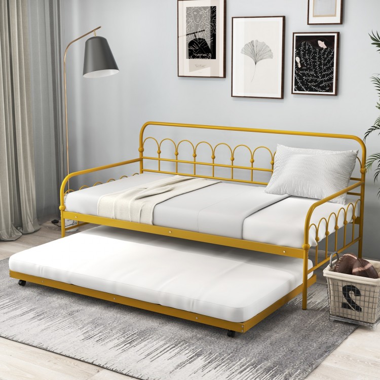 Twin size golden metal daybed with trundle and lockable wheels, ideal for guest accommodation in living rooms or.