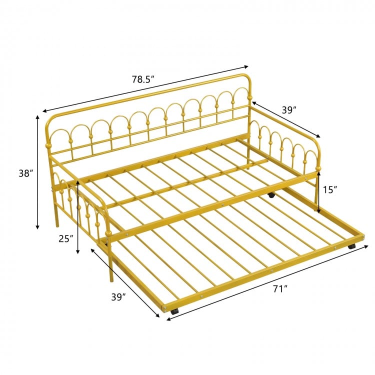 Twin size golden metal daybed with trundle, featuring lockable wheels for easy mobility and stability, ideal for guest.