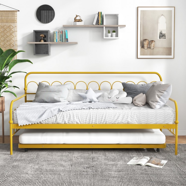 Twin size golden metal daybed with trundle, featuring lockable wheels, ideal for living rooms and guest rooms.