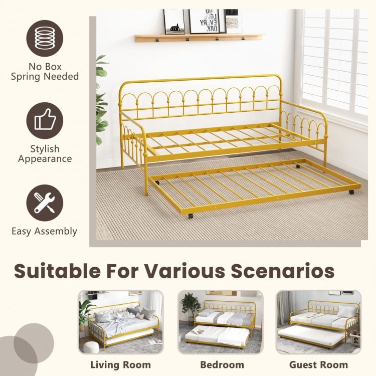 Twin size golden metal daybed with trundle and lockable wheels, ideal for living rooms, bedrooms, and guest rooms.