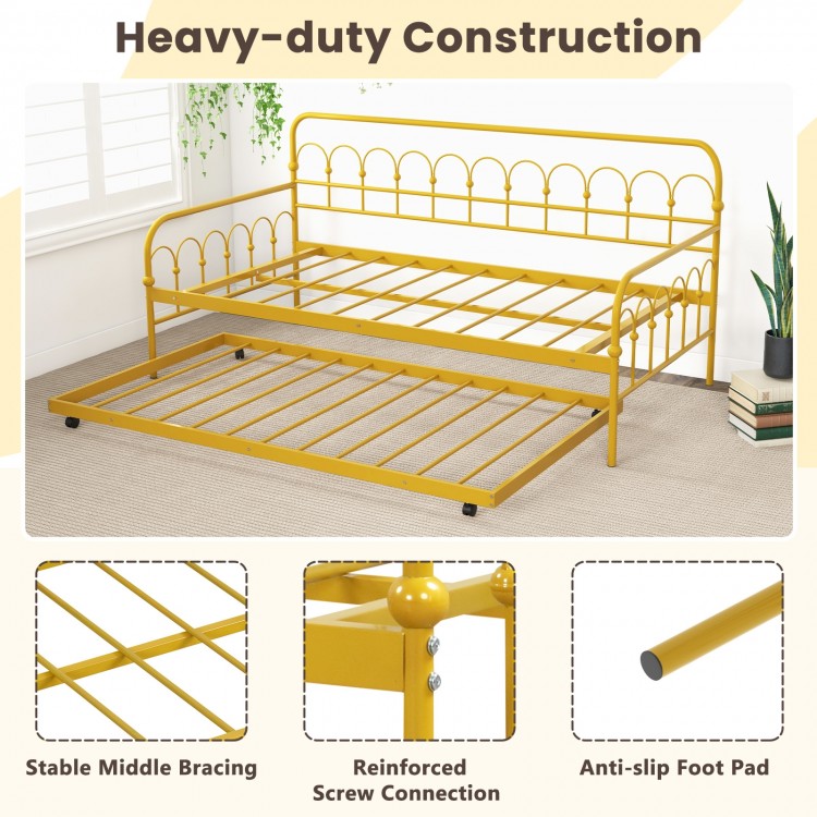 Twin size golden metal daybed with trundle, featuring lockable wheels and anti-slip foot pad for stability.