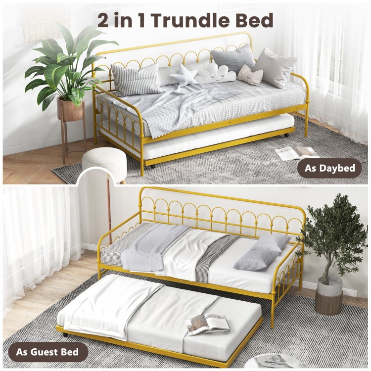 Twin size golden metal daybed with trundle, featuring lockable wheels, ideal for guest accommodation and space-saving.