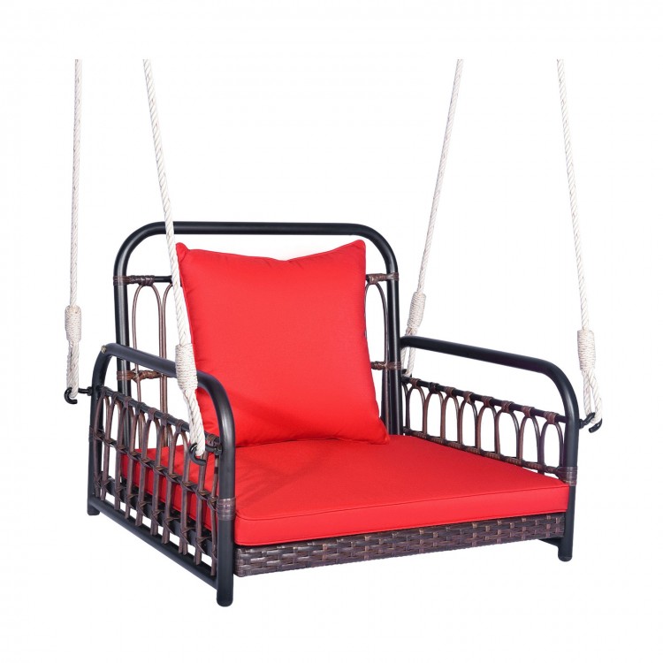 Red cushion patio rattan porch swing hammock chair with sturdy metal frame, perfect for backyard relaxation.