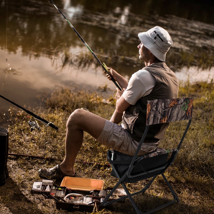 Foldable patio chair with storage pocket backrest, ideal for fishing and camping, featuring a sturdy design and comfort.