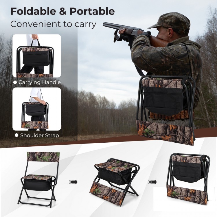 Foldable patio chair with storage pocket backrest, supports 330 lbs, ideal for camping and hiking, featuring a carrying.