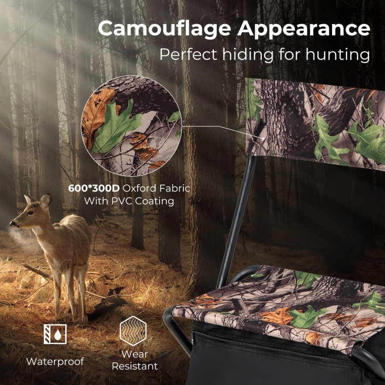 Foldable patio chair with camouflage design, 600D Oxford fabric, waterproof, ideal for camping and hunting.