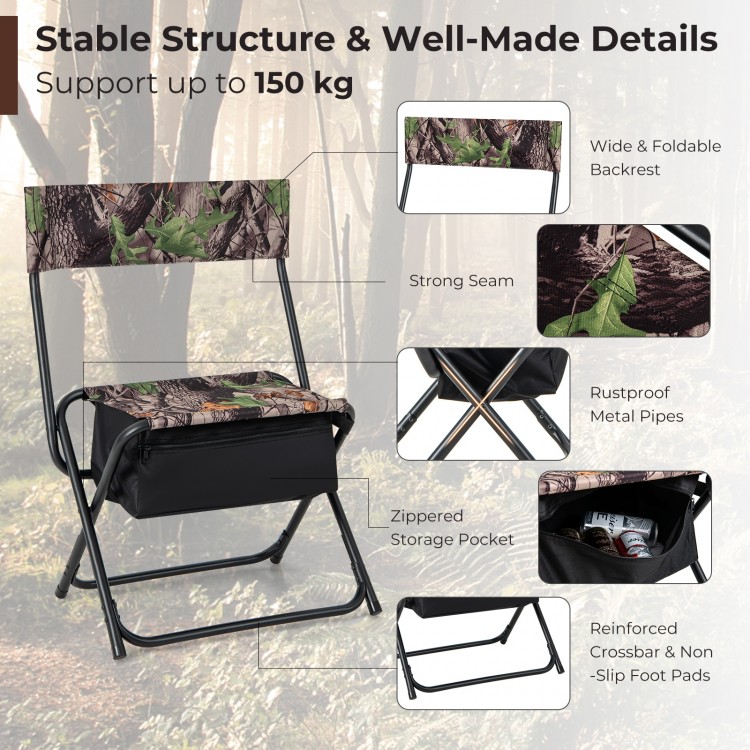 Foldable patio chair with zippered storage pocket, sturdy metal frame, and widened backrest, ideal for camping and.