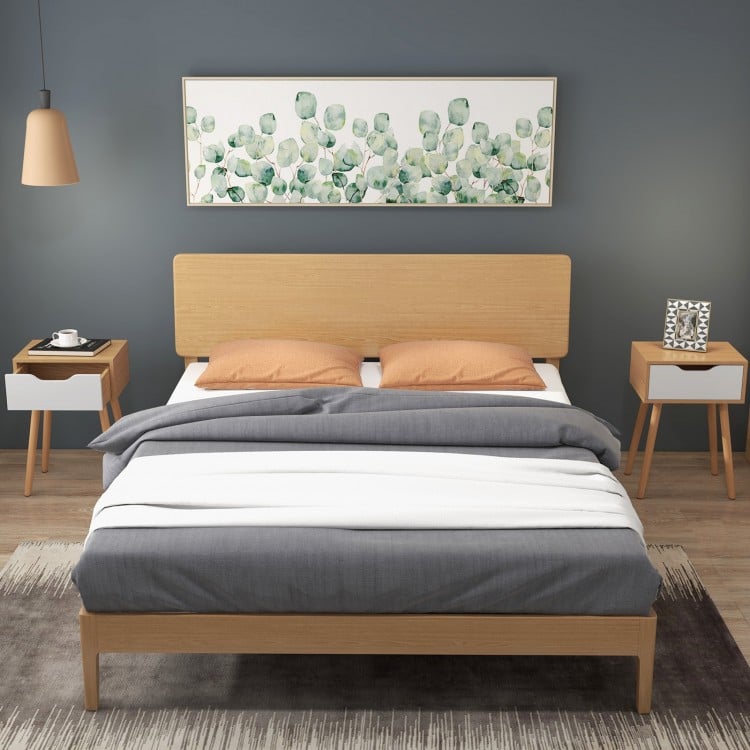 Modern nightstand with storage drawer, featuring a beech wood design, ideal for bedroom or living room use.