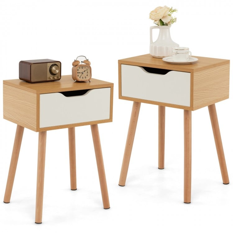 Modern nightstand set with storage drawer, featuring beech wood legs and a mid-century design for bedroom or living.