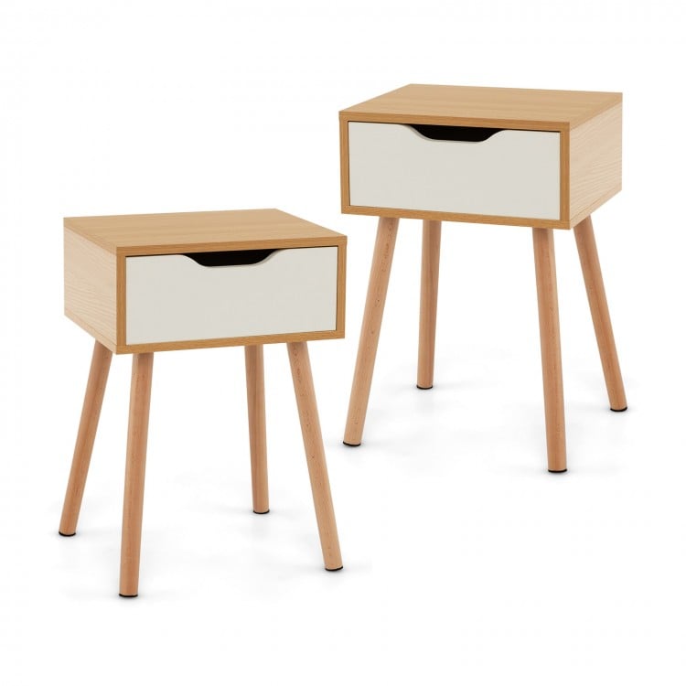 Modern nightstand set with storage drawer, featuring beech wood legs and mid-century design for bedroom or living room.