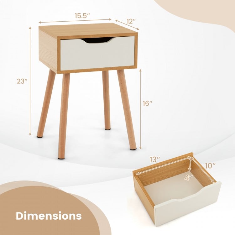 Modern nightstand with storage drawer, featuring beech wood legs and mid-century design, ideal for bedroom or living.