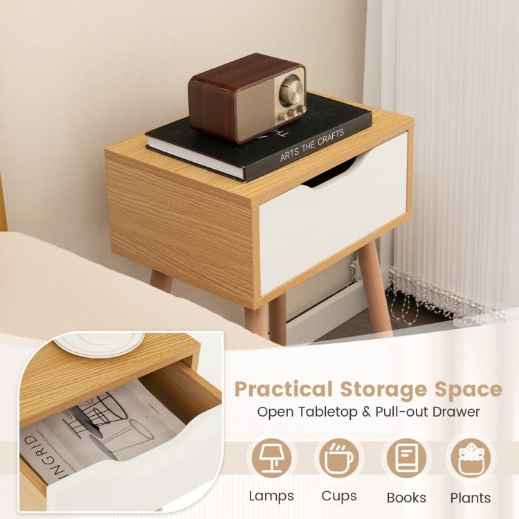 Modern nightstand with open tabletop and pull-out drawer, featuring beech wood legs for stability, ideal for bedroom.