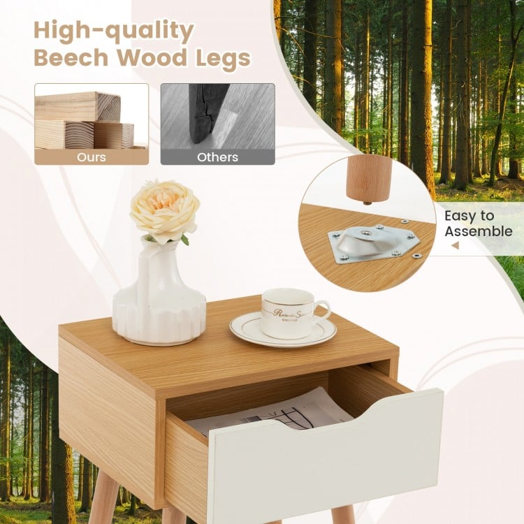 Modern nightstand featuring a storage drawer, beech wood legs, and a mid-century design for bedroom or living room use.