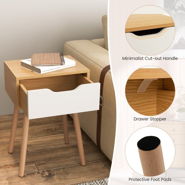Modern nightstand with a storage drawer, beech wood legs, and minimalist cut-out handle for bedroom or living room use.