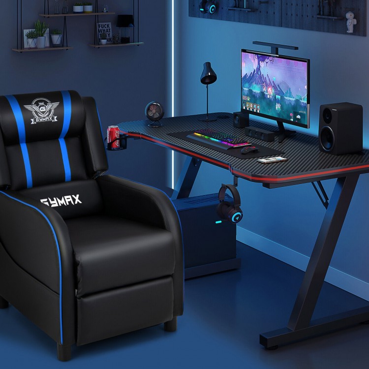 PU leather gaming recliner chair in blue with adjustable backrest, massage lumbar pillow, and side storage pockets.