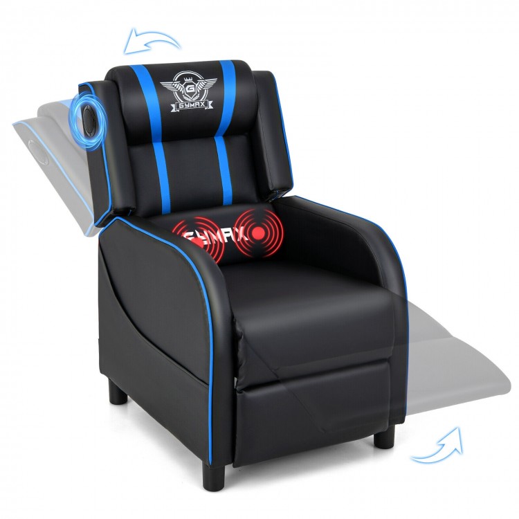 PU leather gaming recliner chair in blue with adjustable backrest, built-in Bluetooth speakers, and side storage.