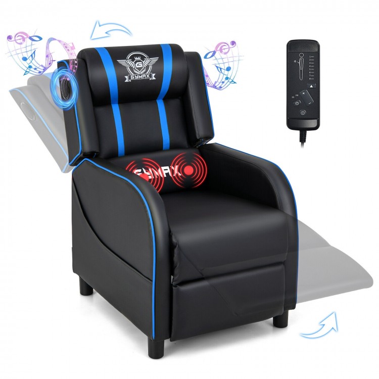 PU leather gaming recliner chair in blue featuring a remote-controlled massage lumbar pillow and ergonomic design for.