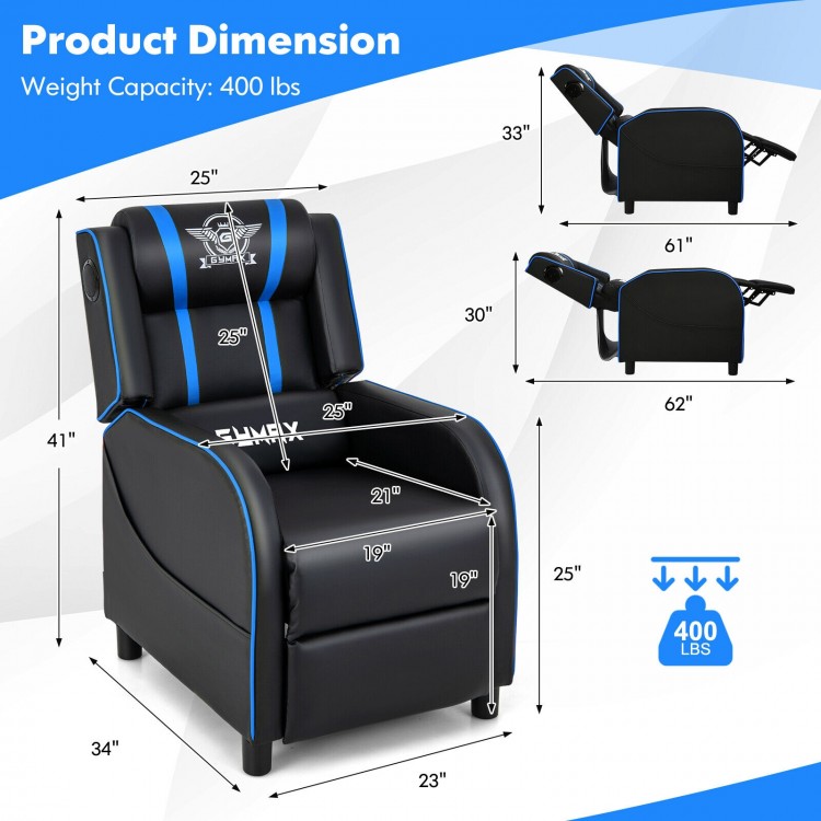 PU leather gaming recliner chair in blue with adjustable backrest, footrest, and side pockets for storage.