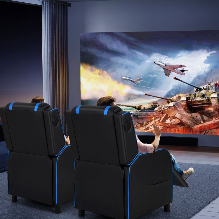 PU leather gaming recliner chair in black with blue accents, featuring Bluetooth speakers and adjustable footrest for.