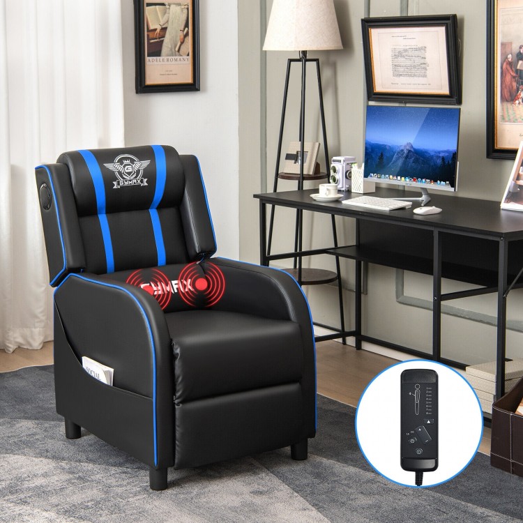 PU leather massage gaming recliner chair in blue with adjustable backrest, footrest, and side storage pockets for.