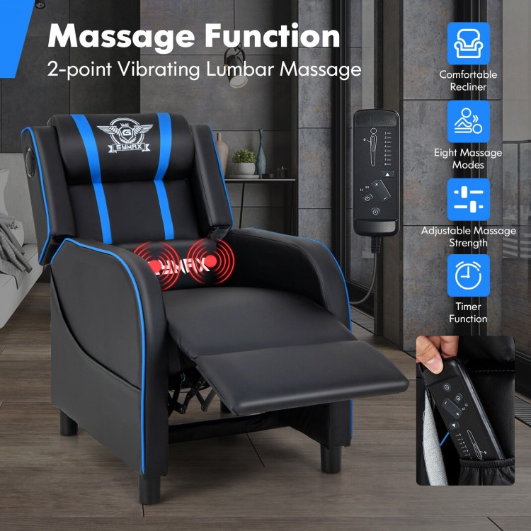 PU leather gaming recliner chair in blue with adjustable backrest, massage function, and side storage pockets for.