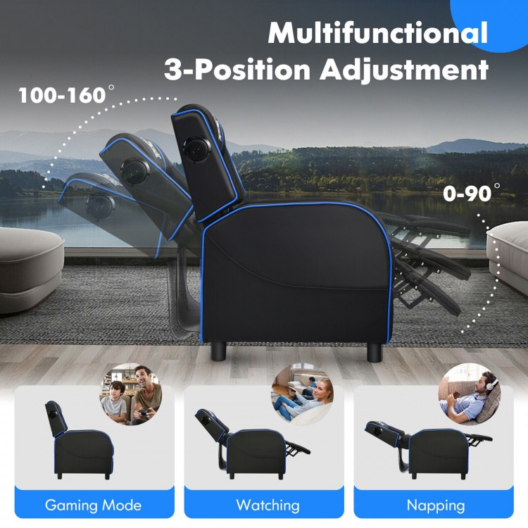 PU leather gaming recliner chair in blue with 3-position adjustment, integrated speakers, and side storage pockets for.