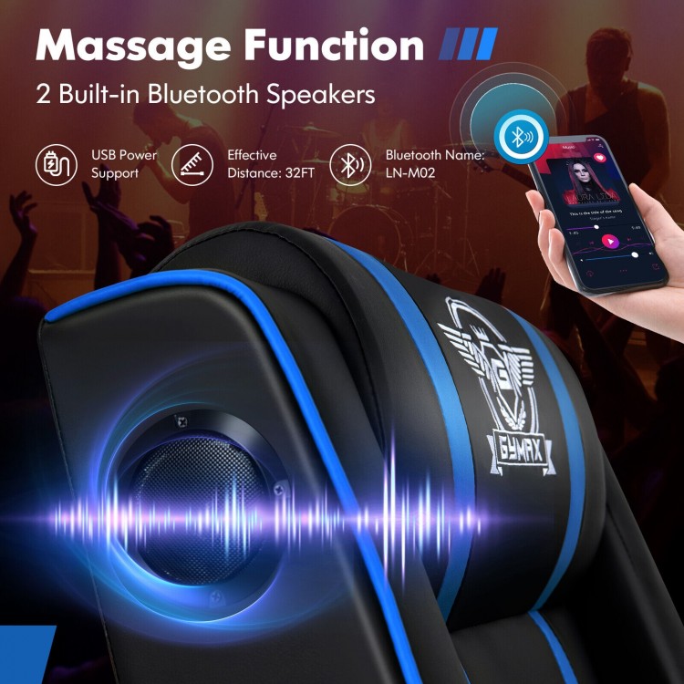 PU leather gaming recliner chair in blue with built-in Bluetooth speakers and massage function for ergonomic comfort.