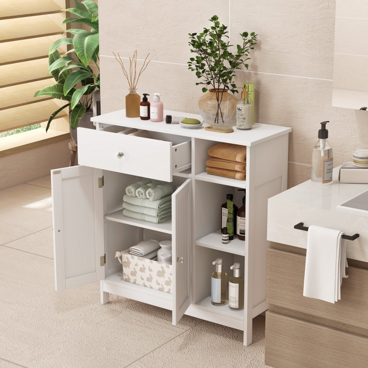 White bathroom cabinet featuring a drawer, open compartments, and adjustable shelves for versatile storage solutions.