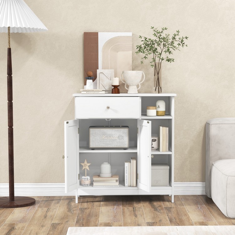 White bathroom cabinet with a sleek design, featuring a single drawer and multiple open compartments for stylish.