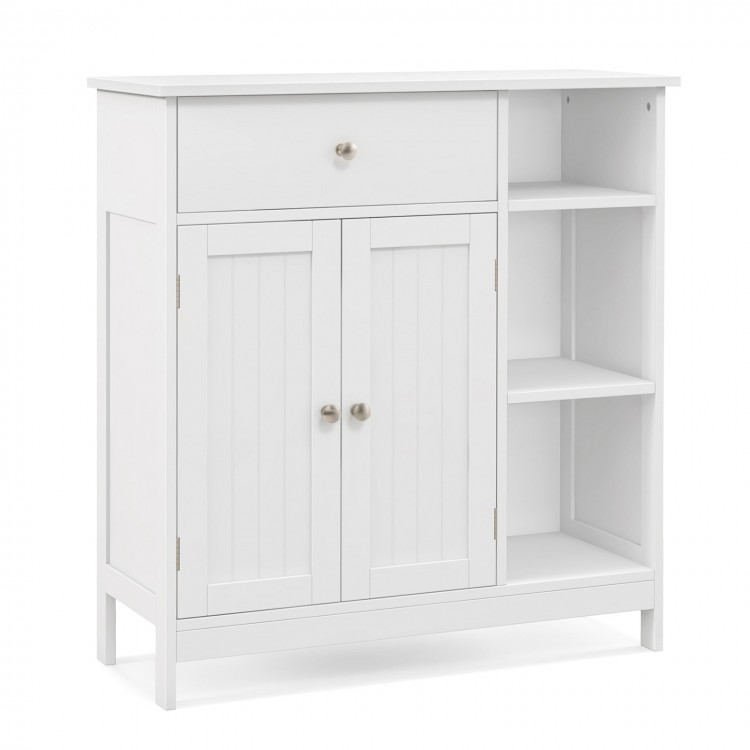 White bathroom cabinet featuring a drawer, two doors, and three open compartments for versatile storage solutions.