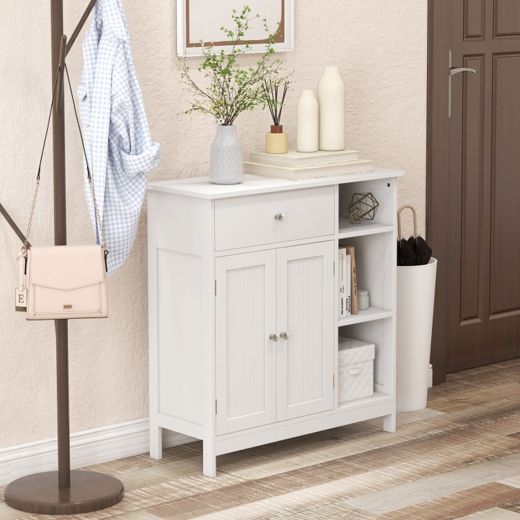 White bathroom cabinet side view highlighting durable MDF construction and spacious storage for versatile home.