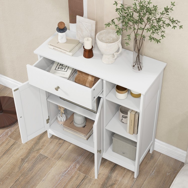 White bathroom cabinet top view showing open compartments and drawer, perfect for organized storage in any room.