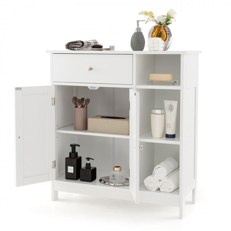 White bathroom cabinet with a stylish design, featuring a drawer and three open compartments for organized storage.
