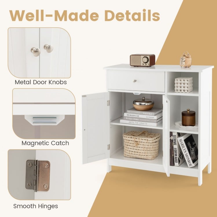 White bathroom cabinet showcasing metal door knobs, smooth hinges, and open compartments for versatile storage.
