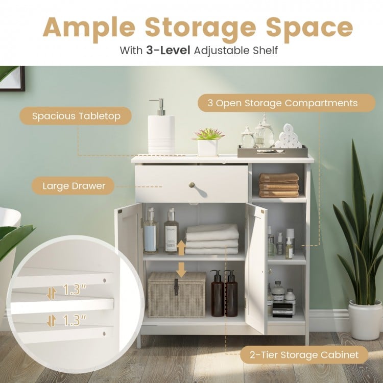 Bathroom cabinet with drawer and 3 open compartments, featuring a 3-level adjustable shelf for versatile storage.
