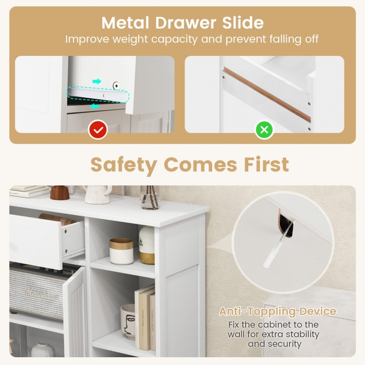 Metal drawer slide detail of the white bathroom cabinet with adjustable shelf and anti-toppling device for safety.
