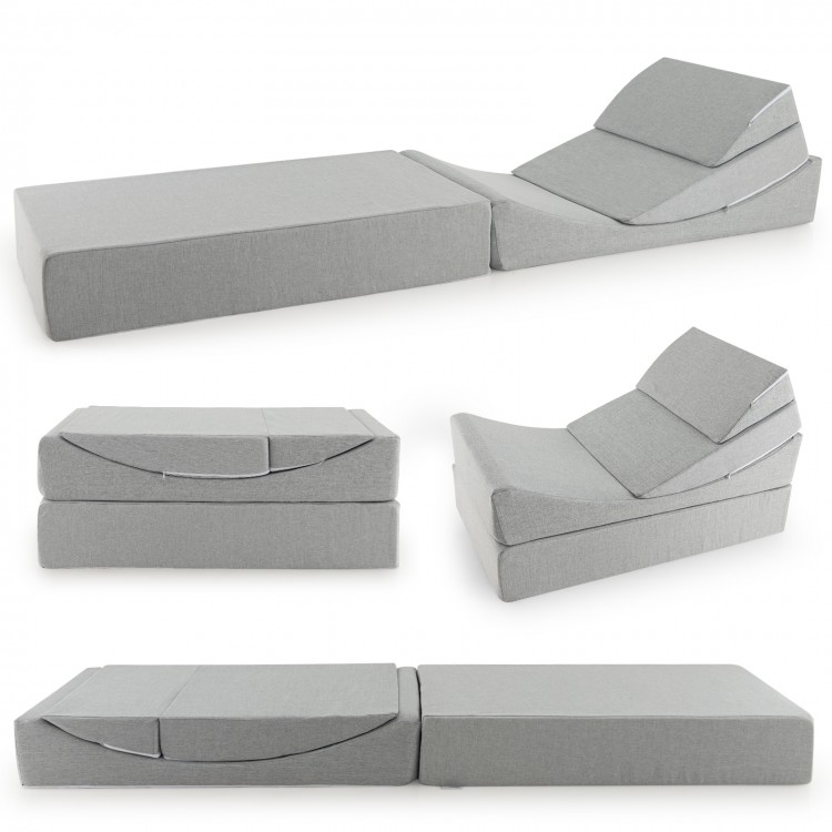 Convertible folding sofa bed in gray with high-density foam, showcasing multiple configurations for versatile use.